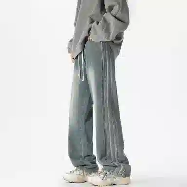 哲源 美式高街复古休闲裤水洗做旧侧边三条杠抽绳系带设计感阔腿裤潮牌百搭宽松舒适时尚痞帅显高显瘦运动牛仔裤 男女同款