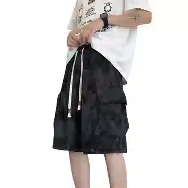 哲源 美式高街潮流简约小众设计满印系带松紧腰直筒日常宽松多口袋舒适透气宽松百搭时尚五分工装短裤 男女同款