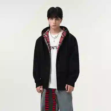 哲源 美式复古重磅开衫连帽男款春秋外套格子拼接设计感上衣潮牌百搭宽松舒适潮流痞帅情侣款休闲卫衣 男女同款
