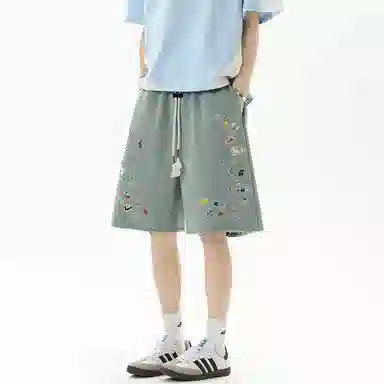 哲源 美式潮流时尚贴纸印花创意手绘小众裤脚毛边设计卡通动画图案宽松舒适亲肤运动百搭个性薄款休闲短裤 男女同款