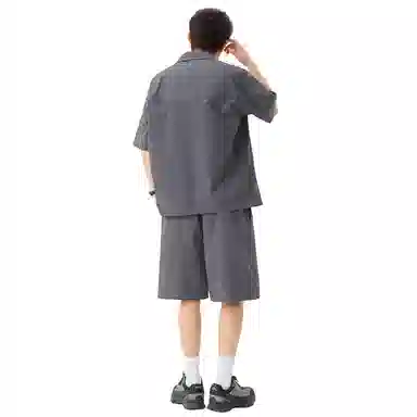 哲源 美式高街潮流翻领半开拉链设计速干冰感套头短袖宽松直筒透气百搭通勤五分裤休闲运动套装 男女同款