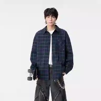 哲源 美式复古学院风格子扎染翻领单排扣百搭宽松舒适休闲长袖衬衫 男女同款