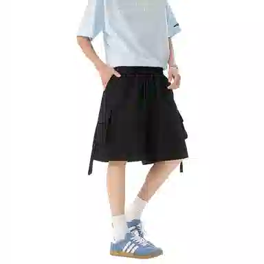 哲源 美式纯色宽松舒适连帽字母短袖工装系带大口袋设计简约基础款大码短裤休闲运动套装 男女同款