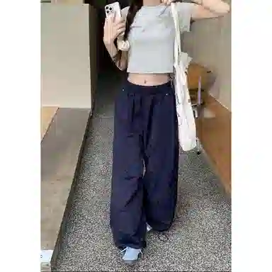 哲源 美式高街户外速干阔腿褶皱纯色设计宽松直筒伞兵裤日常通勤时尚感百搭街头痞帅潮流垂感机能风运动休闲裤 男女同款