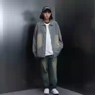 哲源 美式高街复古风提花满印水洗做旧设计感外套潮牌百搭宽松休闲痞帅时尚翻领耐磨基础款牛仔夹克 男女同款
