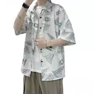 哲源 夏季薄款美式高街复古纯色满印图案卡通海边不规则沙滩旅游五分袖上衣百搭宽松休闲短袖衬衫 男女同款