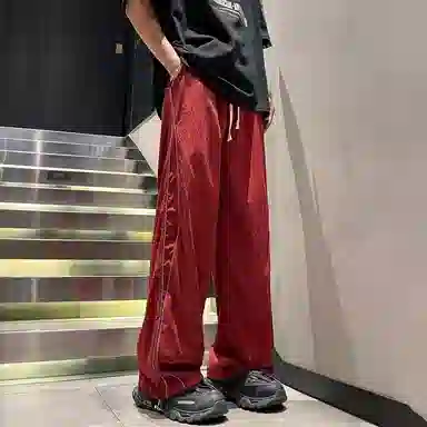 哲源 美式高街复古冰丝凉感侧边竖纹设计速干宽松百搭舒适亲肤透气户外运动街头痞帅直筒阔腿垂感休闲裤 男女同款