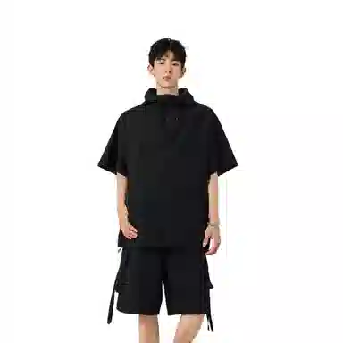 哲源 美式纯色宽松舒适连帽字母短袖工装系带大口袋设计简约基础款大码短裤休闲运动套装 男女同款