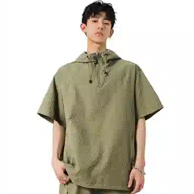 哲源 美式纯色宽松舒适连帽字母短袖工装系带大口袋设计简约基础款大码短裤休闲运动套装 男女同款