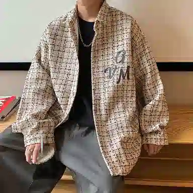 哲源 美式高街复古小香风字母格子扎染星星图案印花设计感潮牌百搭宽松日常通勤时尚高级感休闲夹克 男女同款