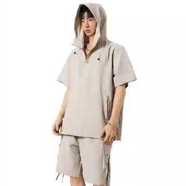 哲源 美式纯色宽松舒适连帽字母短袖工装系带大口袋设计简约基础款大码短裤休闲运动套装 男女同款