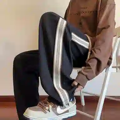 哲源  美式复古高街阔腿裤简约纯色侧边条纹抽绳设计感卫裤潮牌百搭宽松舒适垂感弹力显高显瘦直筒休闲裤 男女同款