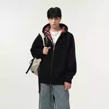 哲源 美式复古重磅开衫连帽男款春秋外套格子拼接设计感上衣潮牌百搭宽松舒适潮流痞帅情侣款休闲卫衣 男女同款