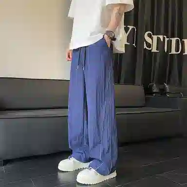 哲源 美式高街复古冰丝凉感侧边竖纹设计速干宽松百搭舒适亲肤透气户外运动街头痞帅直筒阔腿垂感休闲裤 男女同款