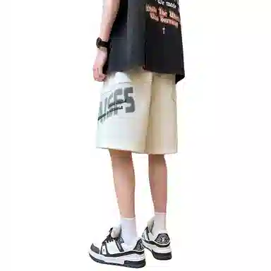 哲源 美式潮流高街泡印花拼接字母系带设计宽松透气时尚垂感高级感百搭港风简约痞帅舒适透气五分休闲短裤 男女同款