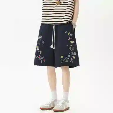 哲源 美式潮流时尚贴纸印花创意手绘小众裤脚毛边设计卡通动画图案宽松舒适亲肤运动百搭个性薄款休闲短裤 男女同款