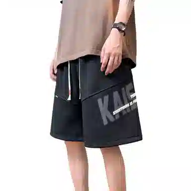 哲源 美式潮流高街泡印花拼接字母系带设计宽松透气时尚垂感高级感百搭港风简约痞帅舒适透气五分休闲短裤 男女同款