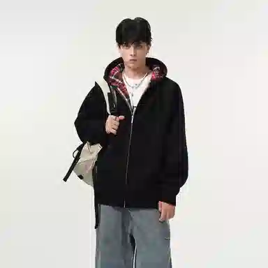 哲源 美式复古重磅开衫连帽男款春秋外套格子拼接设计感上衣潮牌百搭宽松舒适潮流痞帅情侣款休闲卫衣 男女同款