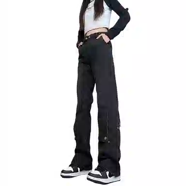 哲源 美式高街个性潮牌水洗做旧拼接搭扣设计感排扣纽扣微喇磨白无性别主义百搭小众休闲宽松高级感牛仔裤 男女同款