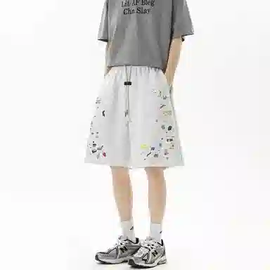 哲源 美式潮流时尚贴纸印花创意手绘小众裤脚毛边设计卡通动画图案宽松舒适亲肤运动百搭个性薄款休闲短裤 男女同款