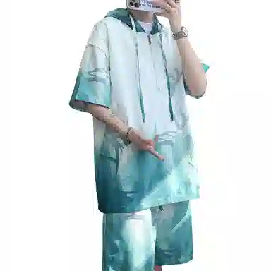 哲源 新中式国风潮流设计小众时尚个性痞帅宽松简约高级感扎染连帽短袖舒适凉感百搭短裤休闲运动套装 男女同款