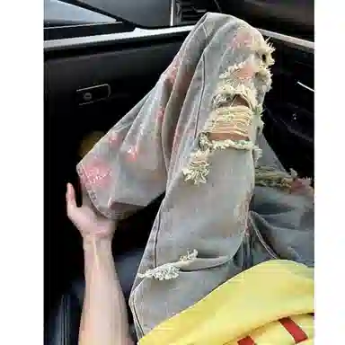 哲源 美式复古高街玫瑰花设计感显高显瘦裤子痞帅炸街日常通勤嘻哈风无性别主义阔腿直筒微喇破洞牛仔裤 男女同款