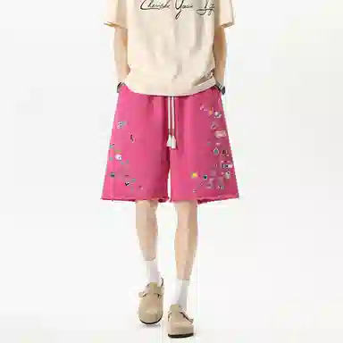 哲源 美式潮流时尚贴纸印花创意手绘小众裤脚毛边设计卡通动画图案宽松舒适亲肤运动百搭个性薄款休闲短裤 男女同款