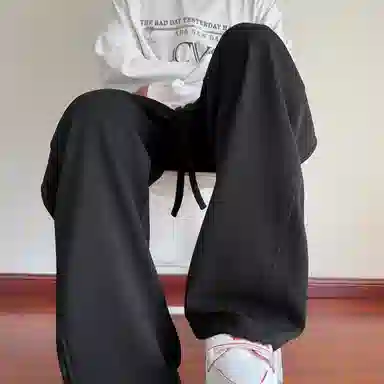 哲源 美式复古高街纯色卫裤松紧抽绳基础拼接设计感直筒裤潮牌百搭宽松舒适拖地垂感弯刀休闲裤 男女同款