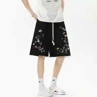 哲源 美式潮流时尚贴纸印花创意手绘小众裤脚毛边设计卡通动画图案宽松舒适亲肤运动百搭个性薄款休闲短裤 男女同款