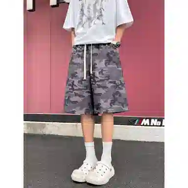 哲源 美式复古迷彩印花抽绳设计五分裤高街痞帅宽松百搭舒适垂感日常通勤休闲短裤 男女同款
