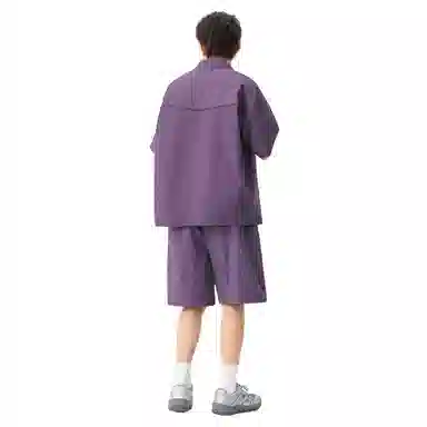 哲源 美式高街潮流翻领半开拉链设计速干冰感套头短袖宽松直筒透气百搭通勤五分裤休闲运动套装 男女同款