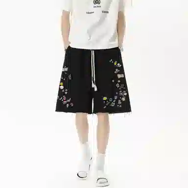 哲源 美式潮流时尚贴纸印花创意手绘小众裤脚毛边设计卡通动画图案宽松舒适亲肤运动百搭个性薄款休闲短裤 男女同款