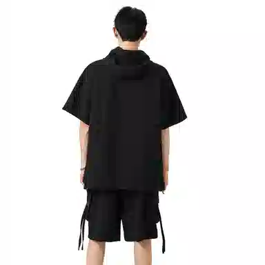 哲源 美式纯色宽松舒适连帽字母短袖工装系带大口袋设计简约基础款大码短裤休闲运动套装 男女同款