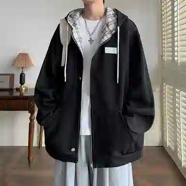 哲源 美式高街复古简约风上衣纯色基础款开衫设计感外套潮牌百搭宽松舒适休闲连帽卫衣 男女同款
