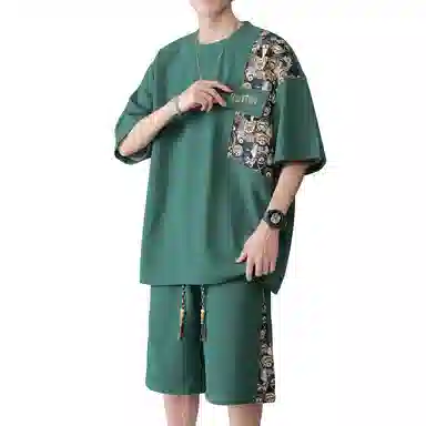 哲源 复古潮牌小熊拼接港风华夫格宽松落肩袖套头圆领薄款短袖时尚简约百搭短裤休闲运动套装 男女同款