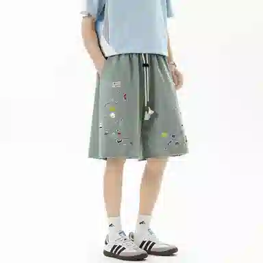 哲源 美式潮流时尚贴纸印花创意手绘小众裤脚毛边设计卡通动画图案宽松舒适亲肤运动百搭个性薄款休闲短裤 男女同款