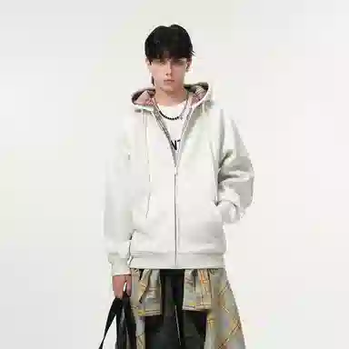 哲源 美式复古重磅开衫连帽男款春秋外套格子拼接设计感上衣潮牌百搭宽松舒适潮流痞帅情侣款休闲卫衣 男女同款