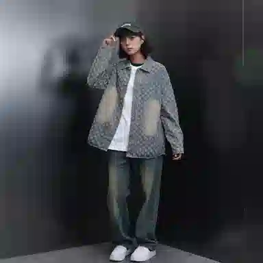 哲源 美式高街复古风提花满印水洗做旧设计感外套潮牌百搭宽松休闲痞帅时尚翻领耐磨基础款牛仔夹克 男女同款