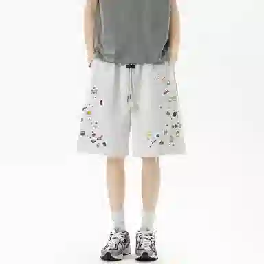 哲源 美式潮流时尚贴纸印花创意手绘小众裤脚毛边设计卡通动画图案宽松舒适亲肤运动百搭个性薄款休闲短裤 男女同款