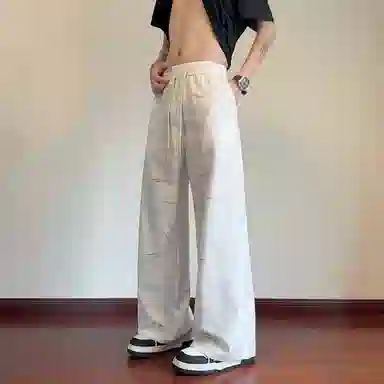 哲源 美式高街潮牌慵懒感复古脏脏扎染速干凉感冰丝裤直筒阔腿裤子街头潮流宽松百搭卫裤垂感拖地休闲裤 男女同款