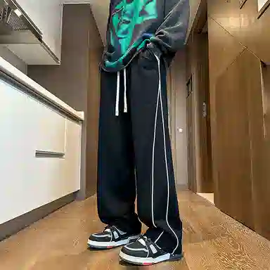 哲源 美式复古高街纯色长裤基础拼接侧边反光条设计感卫裤潮牌百搭宽松舒适显高显瘦垂感慵懒针织运动休闲裤 男女同款