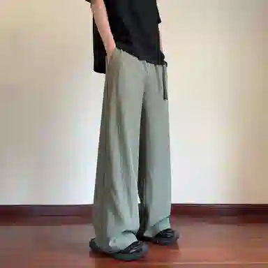 哲源 简约纯色拼接设计冰丝弯刀裤宽松大码直筒垂感阔腿裤百搭舒适通勤飘带设计薄款透气运动休闲裤 男女同款