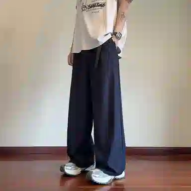 哲源 简约纯色拼接设计冰丝弯刀裤宽松大码直筒垂感阔腿裤百搭舒适通勤飘带设计薄款透气运动休闲裤 男女同款