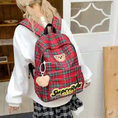 垣途者 日系可爱小熊格子 布 双肩包 女款 红色/棕色/豹纹