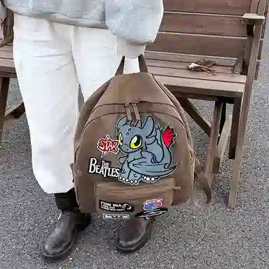 垣途者 潮牌小怪兽复古嘻哈摇滚 帆布 双肩包 男女同款情侣款 咖色