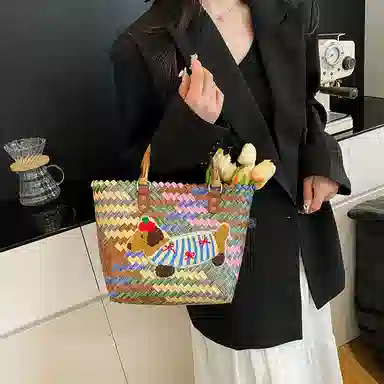 垣途者 小众复古设计感休闲时尚百搭通勤腊肠狗 编织 手提包 女款 彩色/棕色