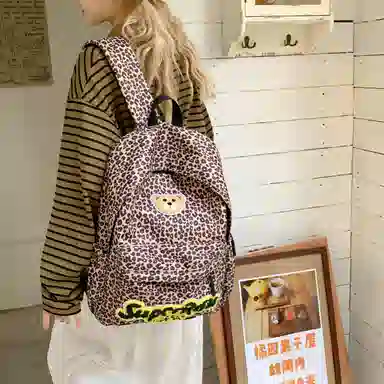 垣途者 日系可爱小熊格子 布 双肩包 女款 红色/棕色/豹纹