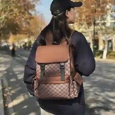 垣途者 潮流格子时尚百搭 尼龙 双肩包 男女同款情侣款 棕色/黑色