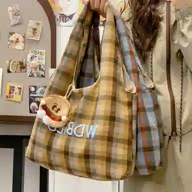 垣途者 日系复古格子休闲韩版刺绣学生上课包 涤纶 单肩包 女款 多色