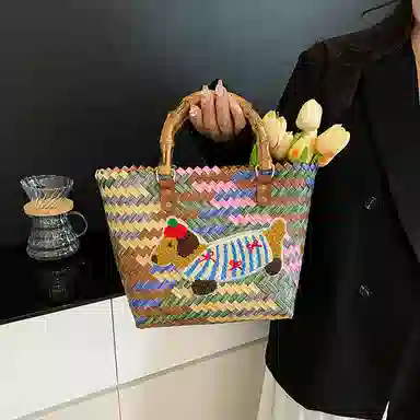 垣途者 小众复古设计感休闲时尚百搭通勤腊肠狗 编织 手提包 女款 彩色/棕色